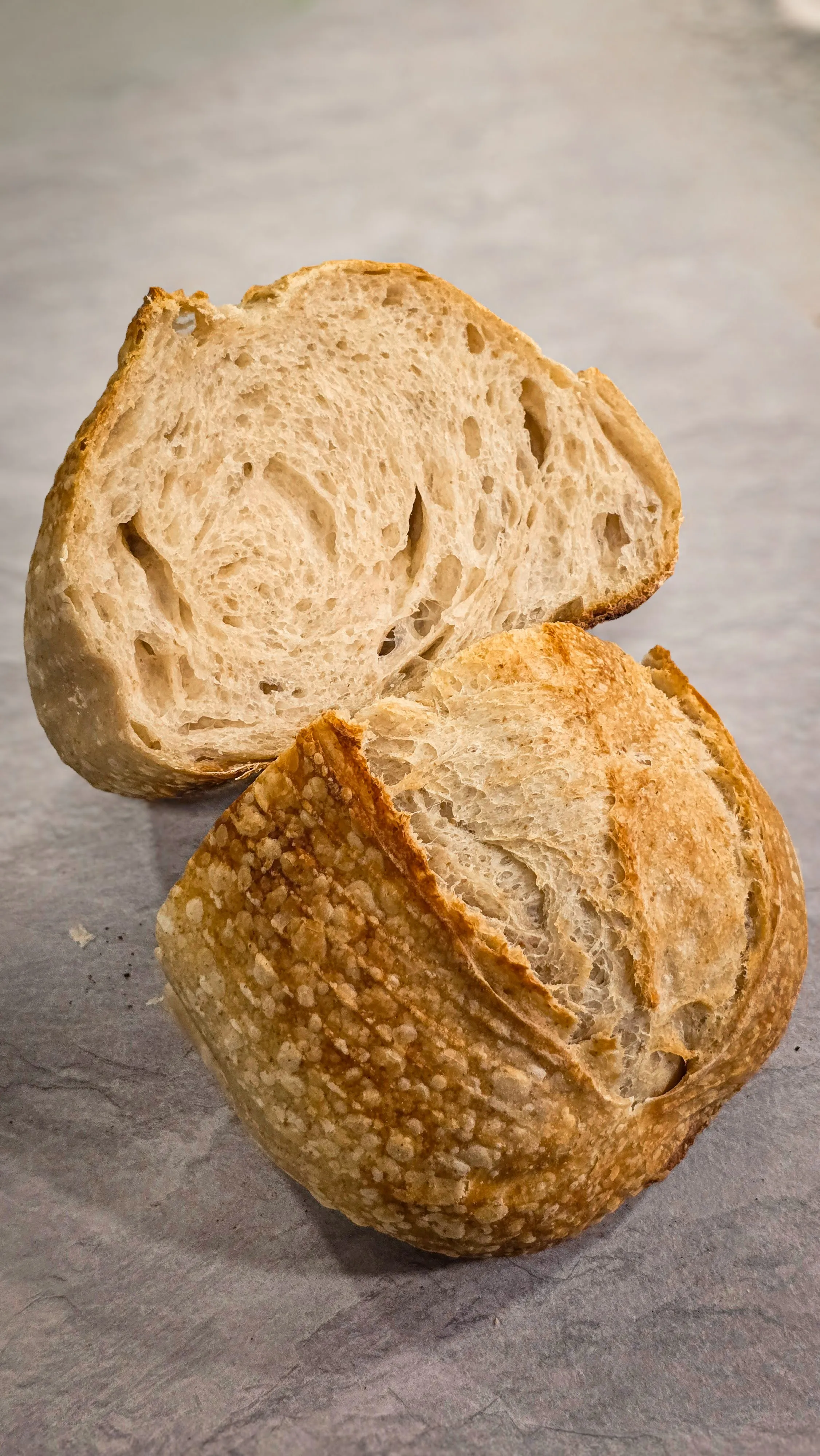 A loaf of Lembas sourdough, cut open to show the crumb